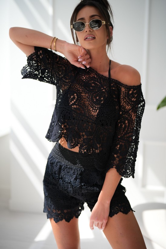 Boho-Bluse aus Spitze - schwarz